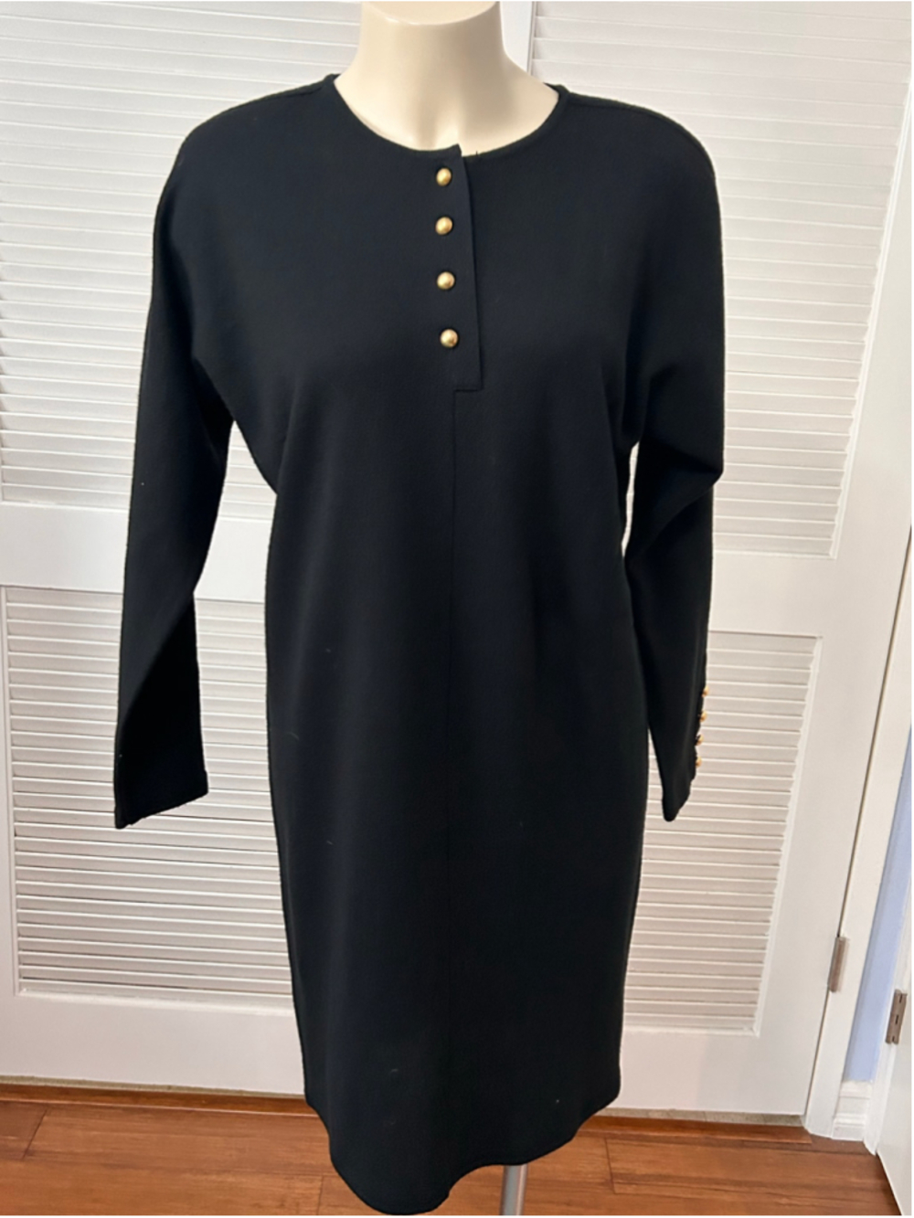 Vintage Liz Claiborne Black Knit Sheath Dress Gold Button Detail Size M